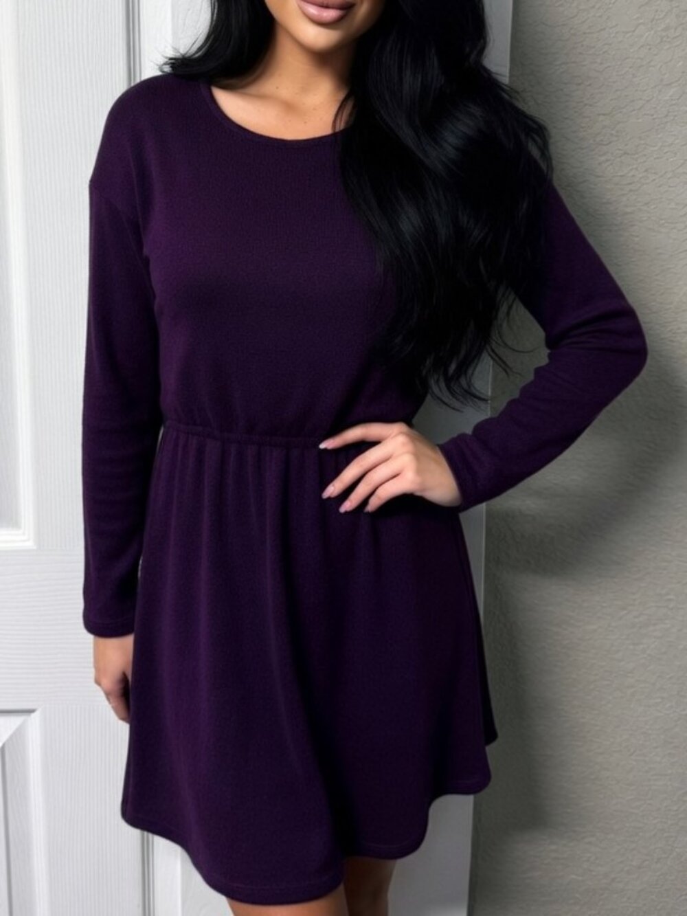 Bar III Purple/ Plum Long Sleeve Elastic Waist Knit Mini Dress Size Small